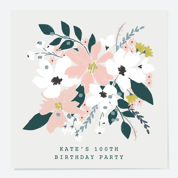 100th Birthday Invitations - Blush Modern Floral - Bouquet- Pack of 10