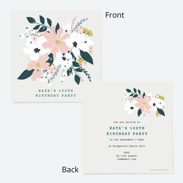 100th Birthday Invitations - Blush Modern Floral - Bouquet- Pack of 10