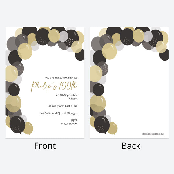 100th Birthday Invitations - Gold Balloon Arch - Pack of 10