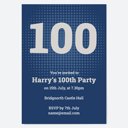 100th Birthday Invitations - Navy Bold Typography - Pack of 10