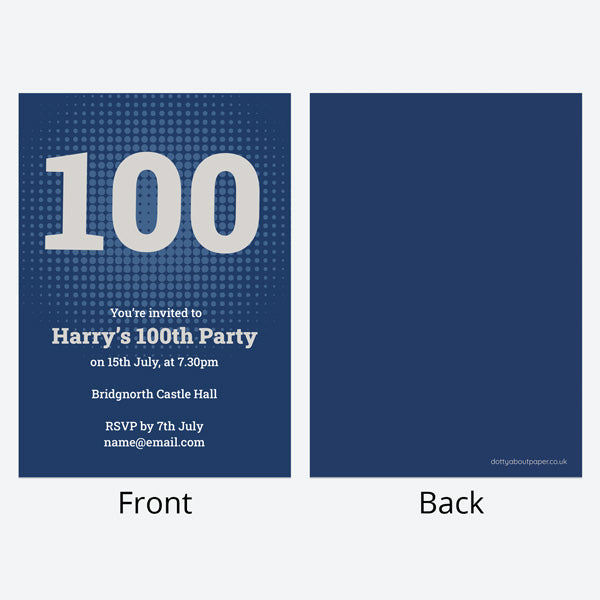 100th Birthday Invitations - Navy Bold Typography - Pack of 10