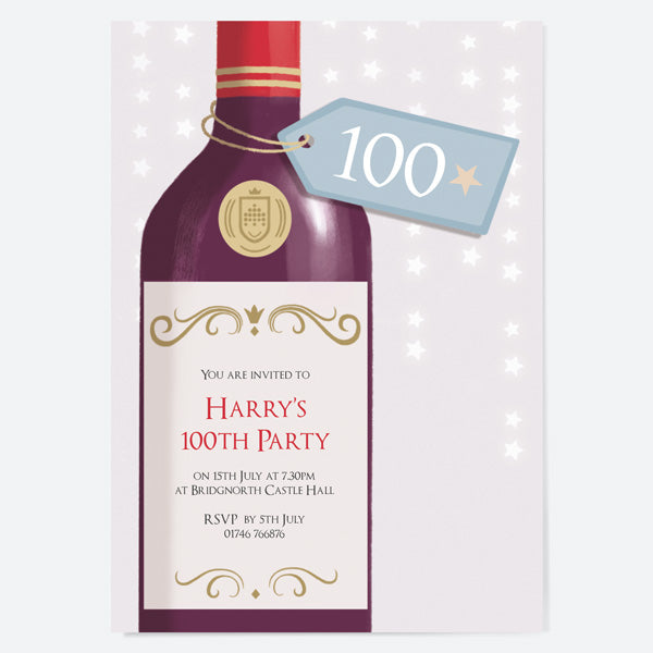 100th Birthday Invitations - Red Wine Bottle - Pack of 10