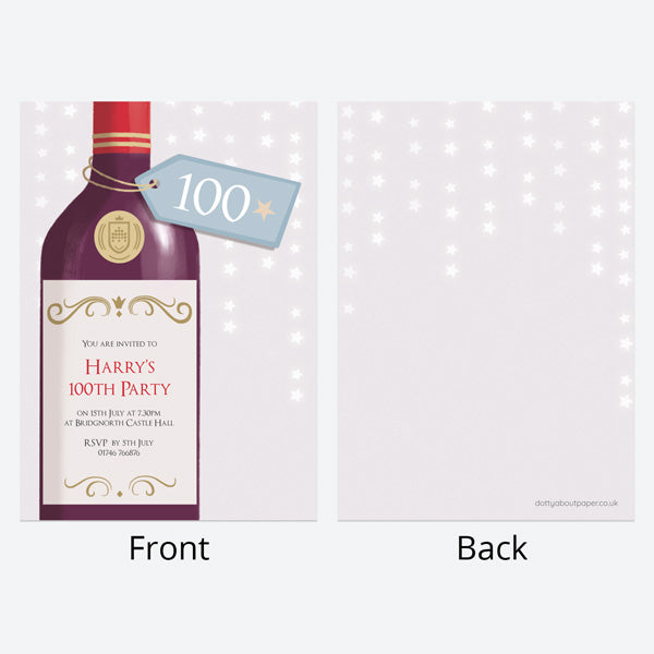 100th Birthday Invitations - Red Wine Bottle - Pack of 10
