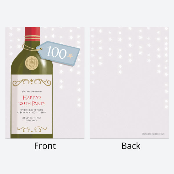 100th Birthday Invitations - White Wine Bottle - Pack of 10