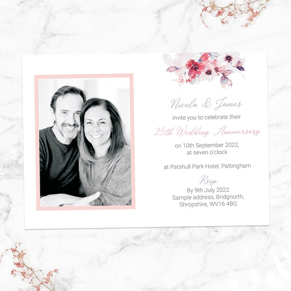 25th Wedding Anniversary Invitations - Pink Watercolour Bouquet