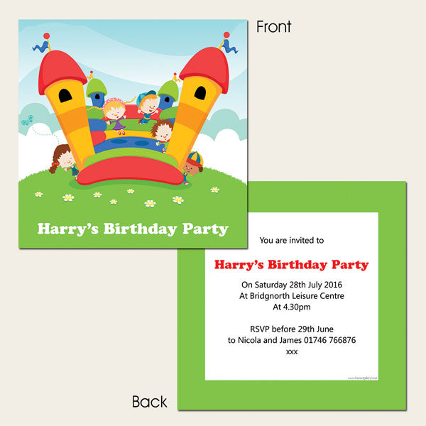 Personalised Kids Birthday Invitations - Bouncy Castle Birthday Party - Pack of 10