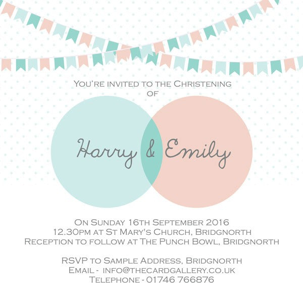 category header image Christening Invitations - Twins Dotty Bunting - Postcard - Pack of 10