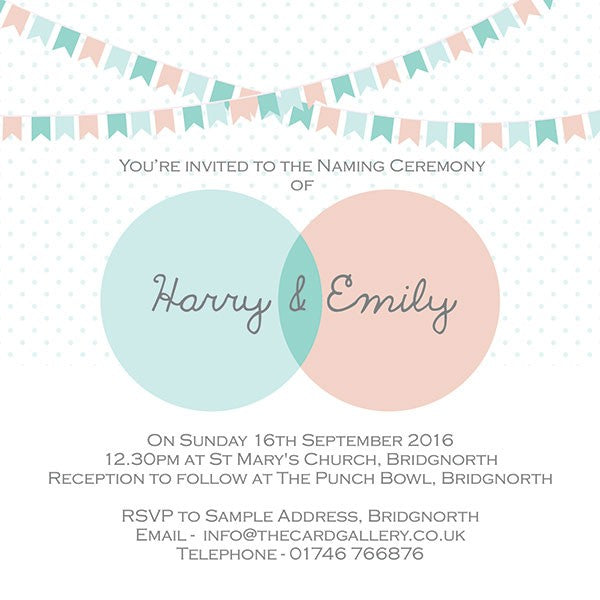 Naming Ceremony Invitations - Twins Dotty Bunting - Postcard - Pack of 10