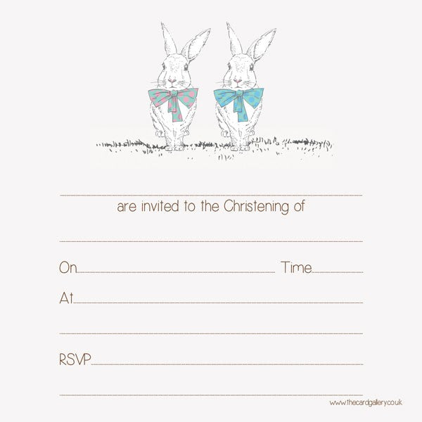 Christening Invitations - Twin Rabbits & Bow Ties - Postcard - Pack of 10