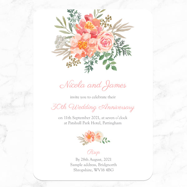 30th Wedding Anniversary Invitations - Peach Watercolour Bouquet - Pack of 10
