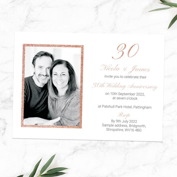 30th Wedding Anniversary Invitations - Simple Glitter Effect - Pack of 10