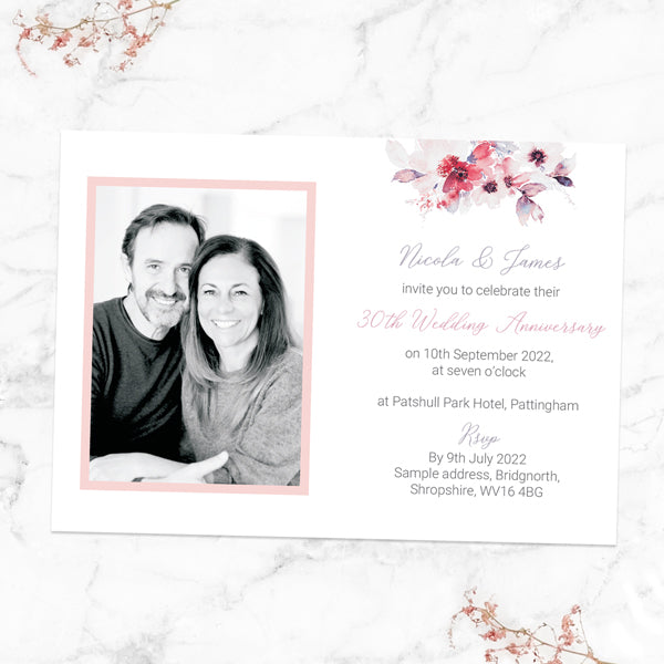 30th Wedding Anniversary Invitations - Pink Watercolour Bouquet