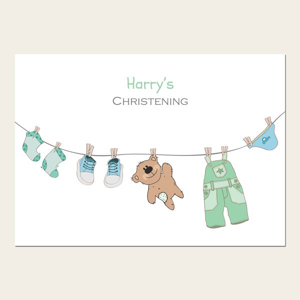 Christening Invitations - Boys Teddy & Washing Line - Postcard - Pack of 10