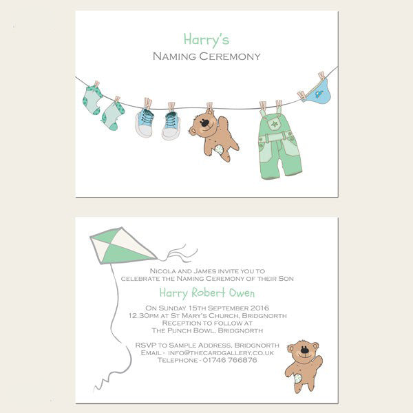 Naming Ceremony Invitations - Boys Teddy & Washing Line - Postcard - Pack of 10