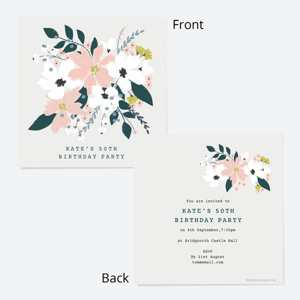 50th Birthday Invitations - Blush Modern Floral - Bouquet - Pack of 10