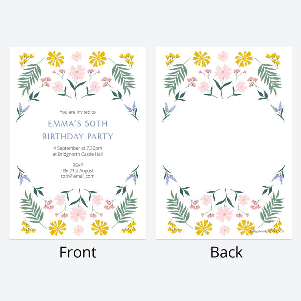 50th Birthday Invitations - Summer Botanicals - Delicate Flowers - Pack of 10