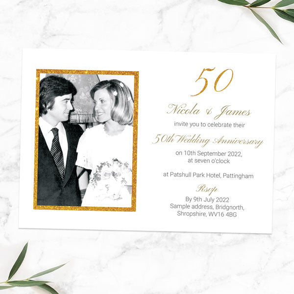 50th Wedding Anniversary Invitations - Simple Glitter Effect - Pack of 10