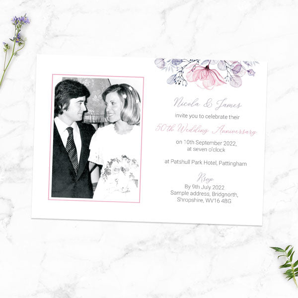 50th Wedding Anniversary Invitations - Lilac & Pink Flowers - Pack of 10