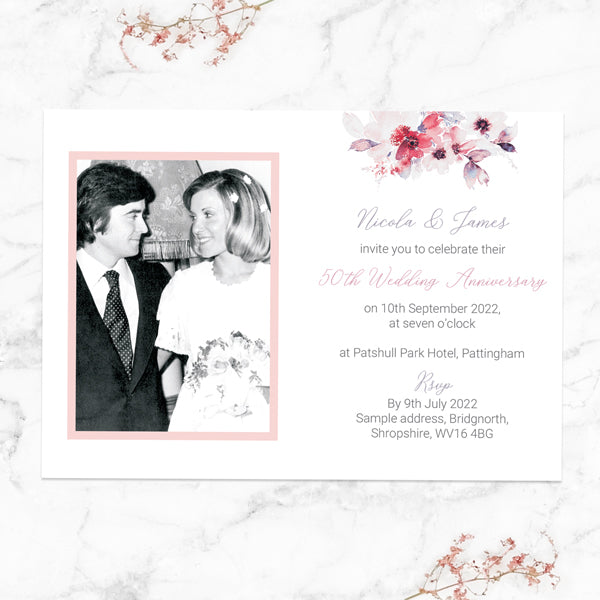 50th Wedding Anniversary Invitations - Pink Watercolour Bouquet