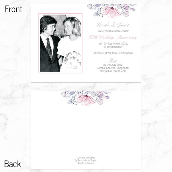 50th Wedding Anniversary Invitations - Lilac & Pink Flowers - Pack of 10