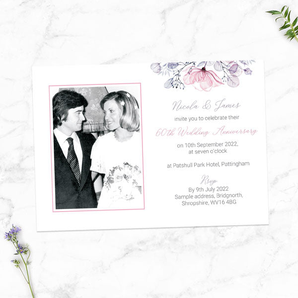 60th Wedding Anniversary Invitations - Lilac & Pink Flowers - Pack of 10