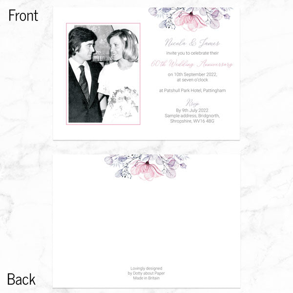60th Wedding Anniversary Invitations - Lilac & Pink Flowers - Pack of 10