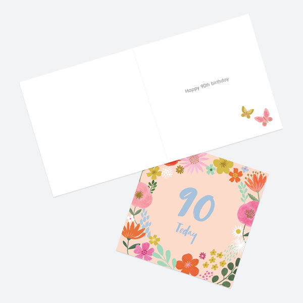 90th Birthday Card - Beautiful Blooms - Border 90