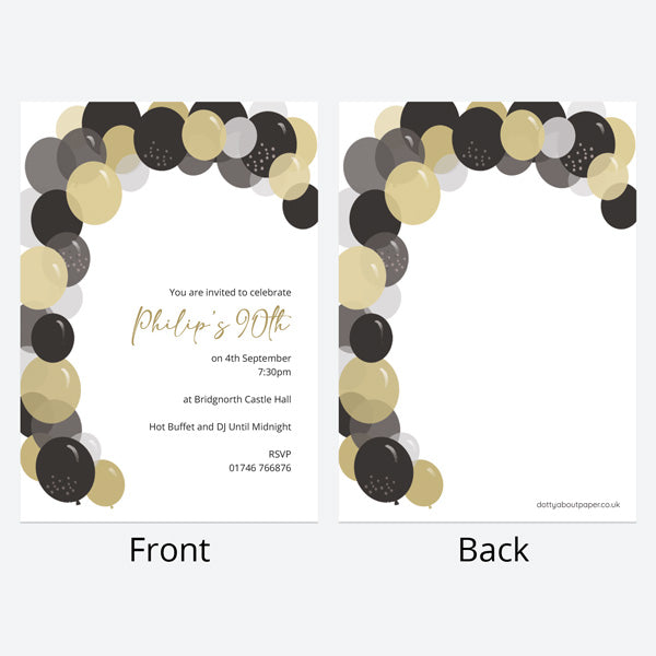 90th Birthday Invitations - Gold Balloon Arch - Pack of 10