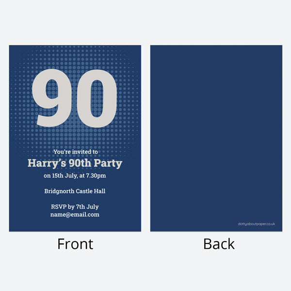 90th Birthday Invitations - Navy Bold Typography - Pack of 10