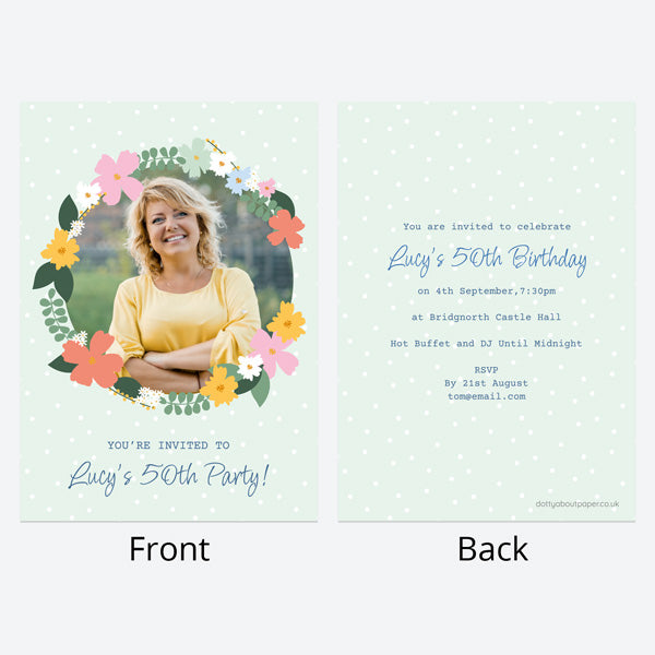 50th Birthday Invitations - Abstract Flowers - Wreath Photo - Pack of 10