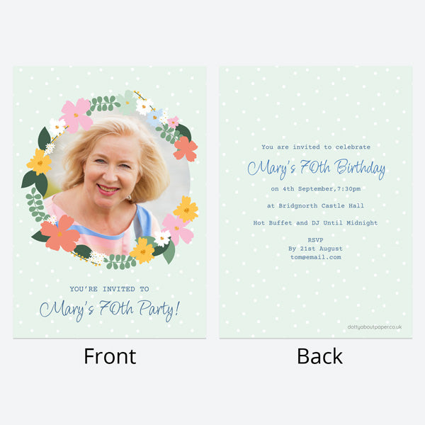 70th Birthday Invitations - Abstract Flowers - Wreath Photo - Pack of 10