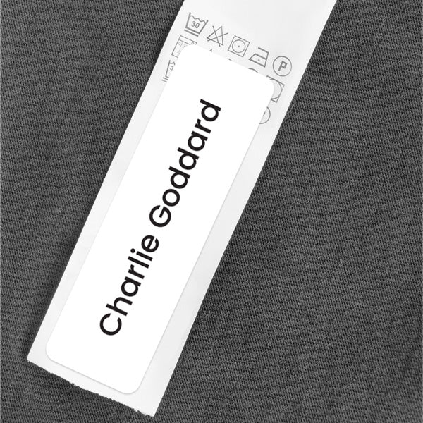 No Iron Small Personalised Stick On Waterproof Name Labels - White with Black Text - Pack of 64