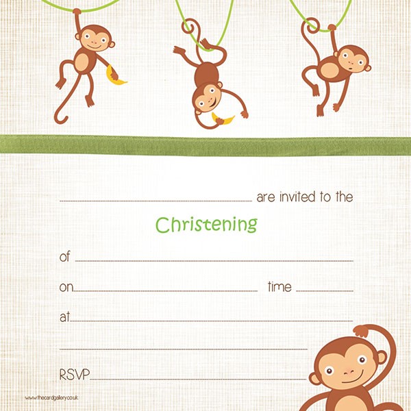 Christening Invitations - Boys Monkey - Postcard - Pack of 10