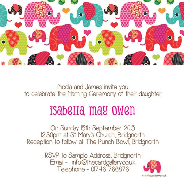 Naming Ceremony Invitations - Girls Elephant Pattern - Pack of 10