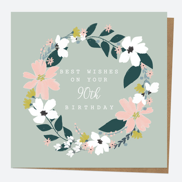 90th Birthday Card - Blush Modern Floral - Wreath - Happy Birthday