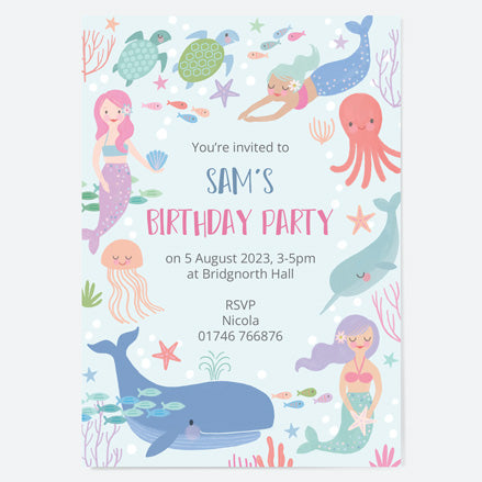 Kids Birthday Invitations - Mermaid Under The Sea - Pack of 10
