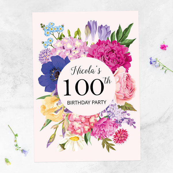 100th Birthday Invitations - Bright Summer Flowers - Pack of 10