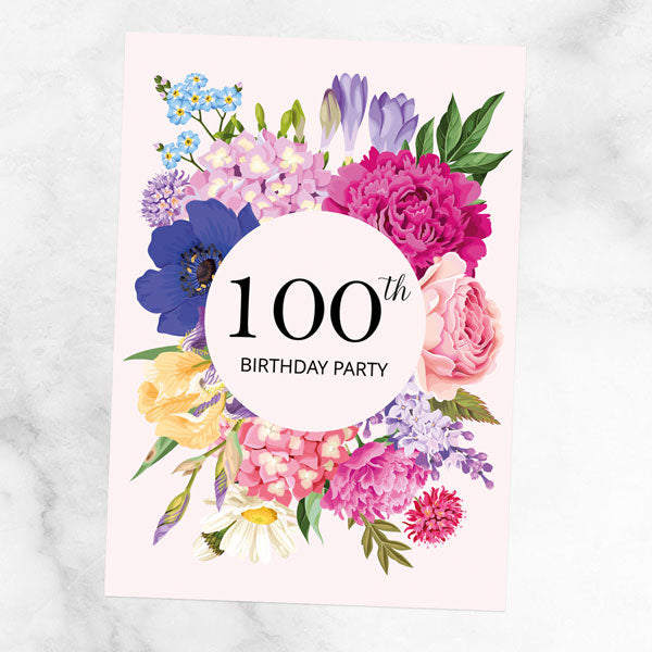 100th Birthday Invitations - Bright Summer Flowers - Pack of 10