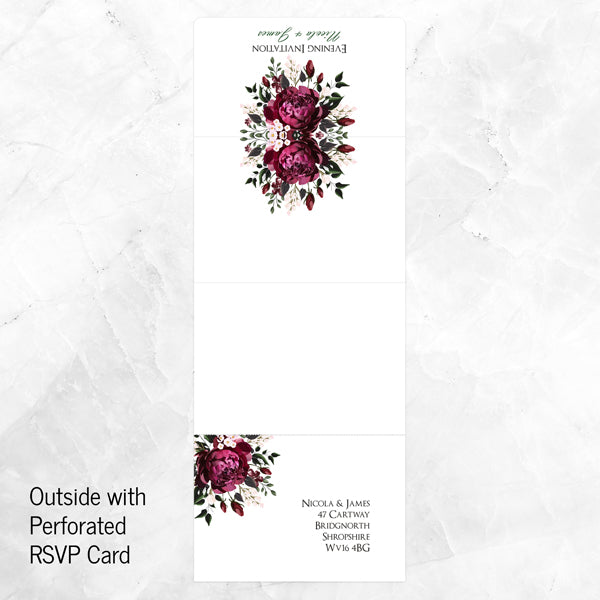 Burgundy Peony Bouquet - Tri Fold Evening Invitation & RSVP