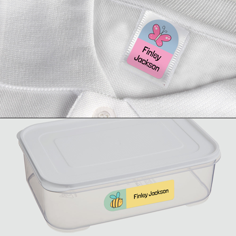 No Iron Personalised Stick On Waterproof (Clothing/Equipment) Name Labels - Butterfly Friends - Mixed Pack of 50