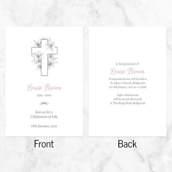 Funeral Celebration of Life Invitations - White Lilies Cross