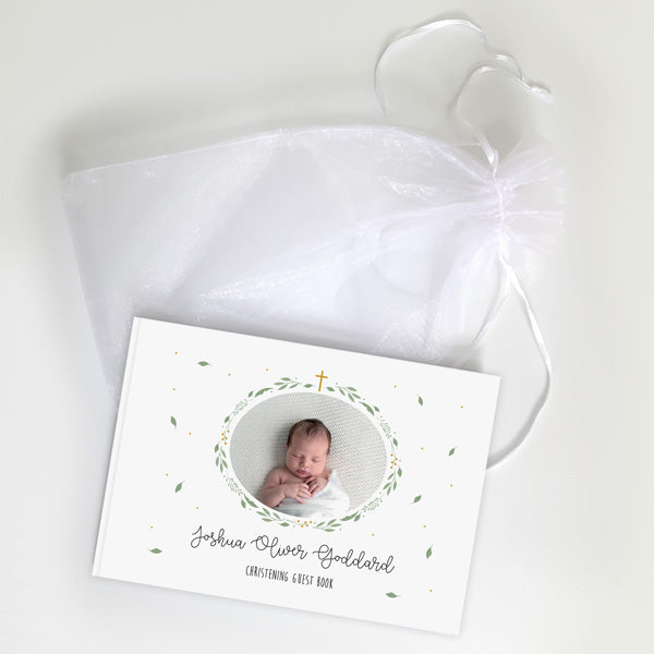 Boys Foliage Wreath - Christening Guest Book - Use Your Own Photo