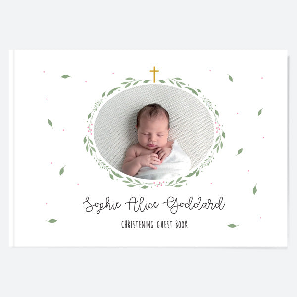 Girls Foliage Wreath - Christening Guest Book - Use Your Own Photo