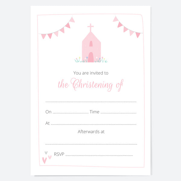 category header image Christening Invitations - Pink Church & Bunting - Pack of 10