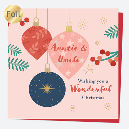 Luxury Foil Christmas Card - Baubles & Berries - Auntie & Uncle