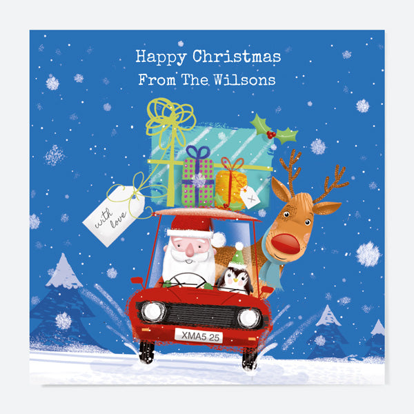 Personalised Christmas Cards - Santa & Rudolph Fun - Car - Pack of 10