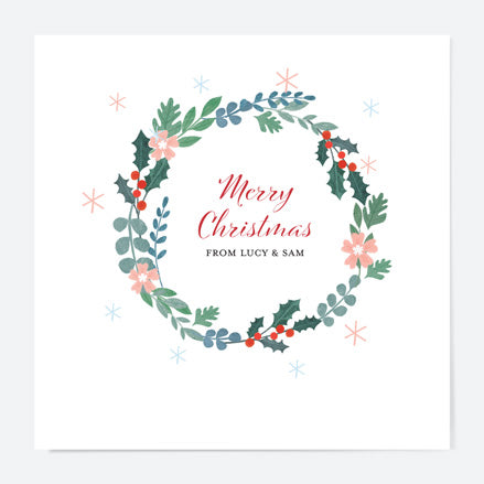 Personalised Christmas Cards - Winter Wonderland - Holly Wreath - Pack of 10