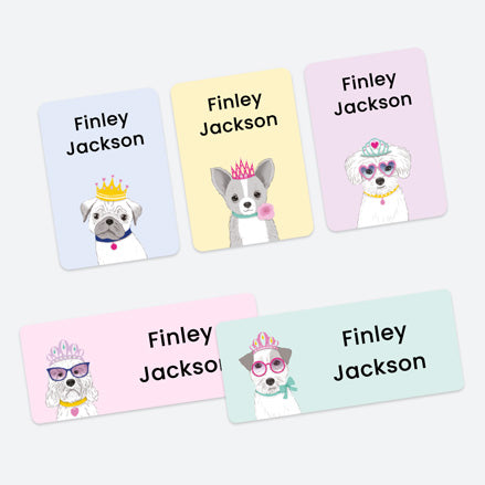 Mixed Pack Personalised Stick On Waterproof Name Labels - Cool Princess Puppies - Pack of 43