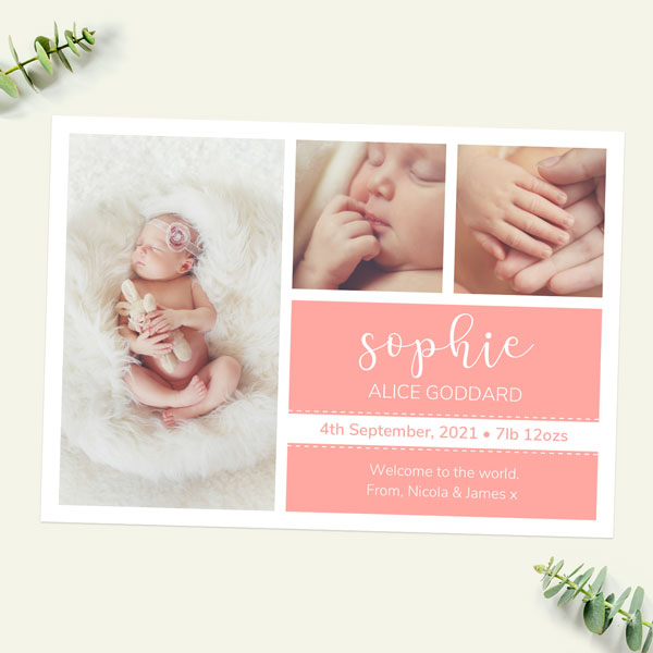 Baby Announcement Cards - Coral Photo Trio - Pack of 10