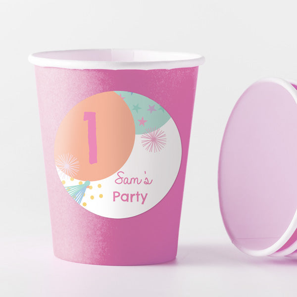 Girls Party Balloons Age 1 - Pink Cups and Round Stickers - Pack of 8